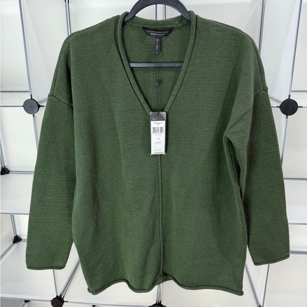 Bcbgmaxazria Women's Olive Green V-Neck Roll Trim Pullover Sweater Size S
